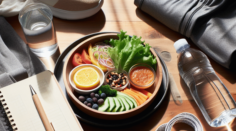 En frisk tallerken med balanserte porsjoner, vannflaske, treningsklær og en notatbok på en treoverflate, naturlig lys, moderne og inspirerende