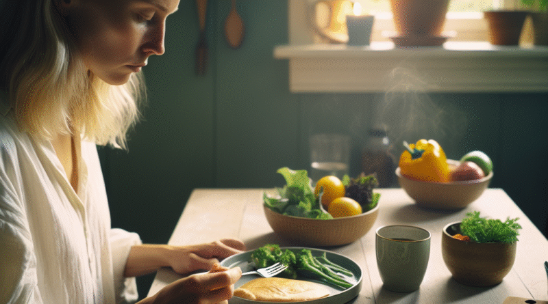 Norsk person ved kjøkkenbordet som praktiserer mindful spising, mykt naturlig lys, sunn mat på tallerken, rolig og ettertenksom atmosfære
