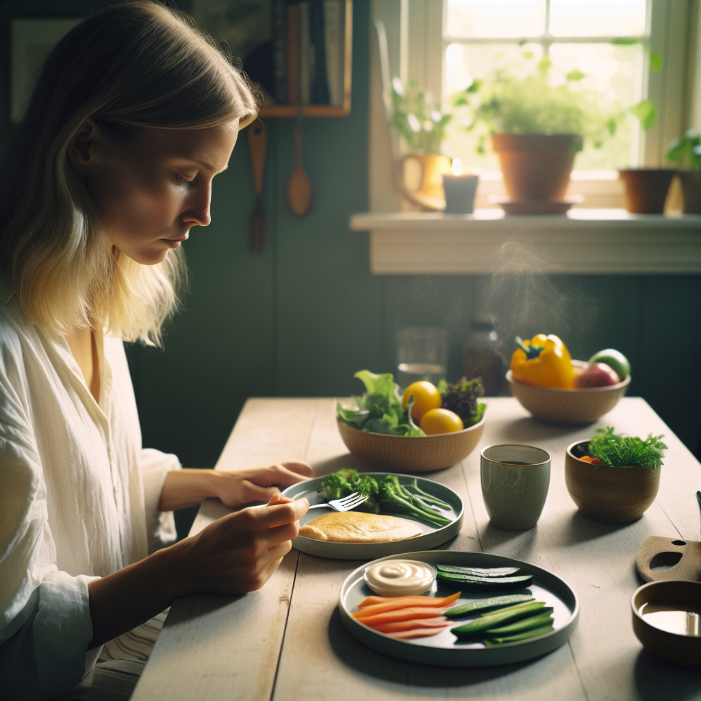 Norsk person ved kjøkkenbordet som praktiserer mindful spising, mykt naturlig lys, sunn mat på tallerken, rolig og ettertenksom atmosfære