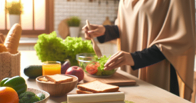 Person som forbereder et sunt måltid på kjøkkenet, lys morgenstemning, notatblokk med vaneliste, varm og innbydende stil