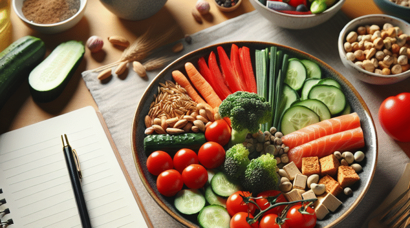 En sunn tallerken med variert mat: grønnsaker, fullkorn og magert protein, samt en notatbok og blyant på kjøkkenbordet, lys og moderne stil