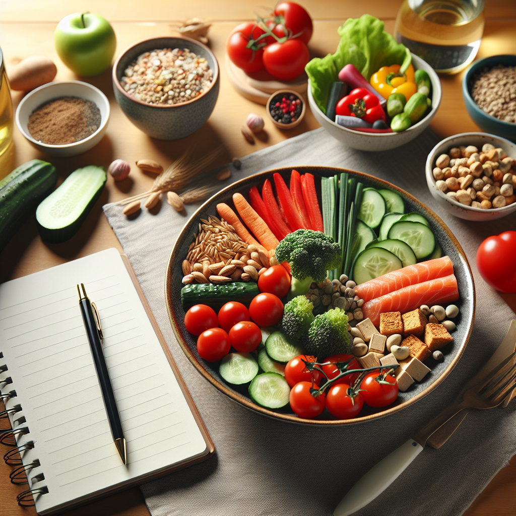 En sunn tallerken med variert mat: grønnsaker, fullkorn og magert protein, samt en notatbok og blyant på kjøkkenbordet, lys og moderne stil