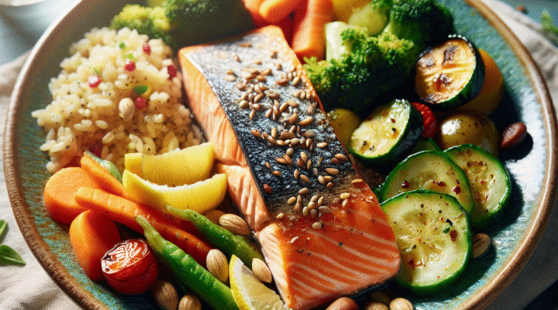 Nærbilde av et sunt, fargerikt middagsfat: ovnsbakt laks, grønnsaker og fullkornsris, naturlig lys, innbydende skandinavisk stil