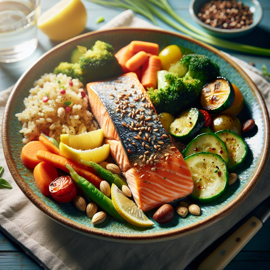 Nærbilde av et sunt, fargerikt middagsfat: ovnsbakt laks, grønnsaker og fullkornsris, naturlig lys, innbydende skandinavisk stil