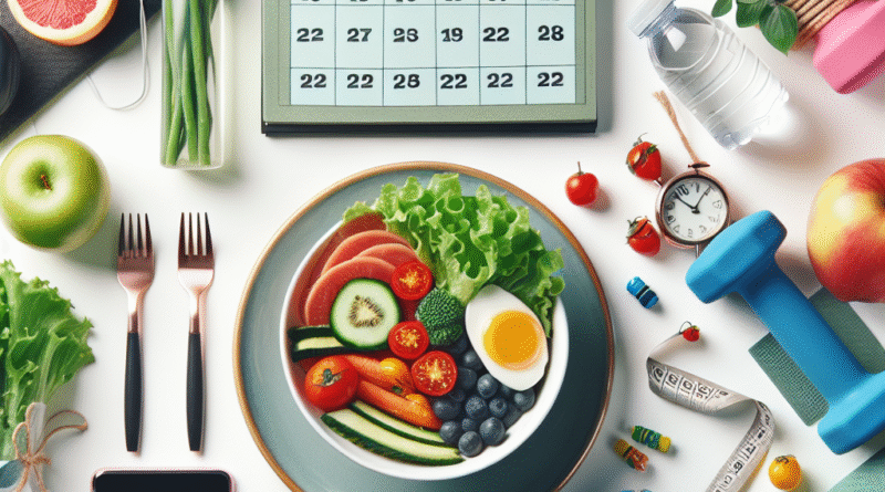 Moderne, lys komposisjon med sunt måltid, treningsutstyr og kalender som symboliserer vaner og livsstilsendring