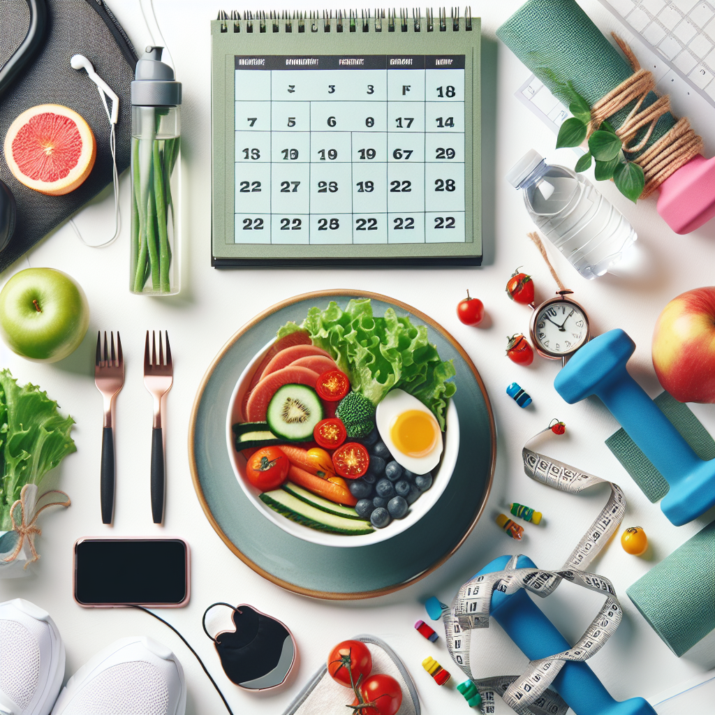 Moderne, lys komposisjon med sunt måltid, treningsutstyr og kalender som symboliserer vaner og livsstilsendring