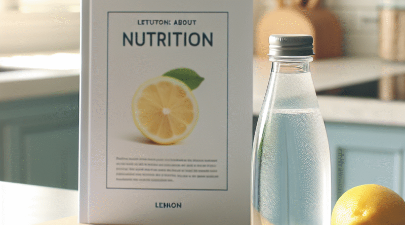 Nærbilde av en klar vannflaske på et kjøkkenbord ved siden av en liten notatbok om kosthold, frisk sitron i bakgrunnen, lyst og innbydende nordisk estetikk