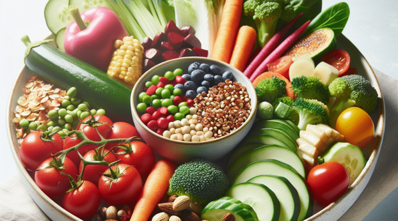 Balansert tallerken med fargerike grønnsaker, fullkorn og protein, moderne livsstil, lys og frisk fargepalett, innbydende og realistisk