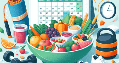 Illustrasjon av en balansert tallerken, treningsutstyr og en kalender som symboliserer varige vaner; lys, moderne stil