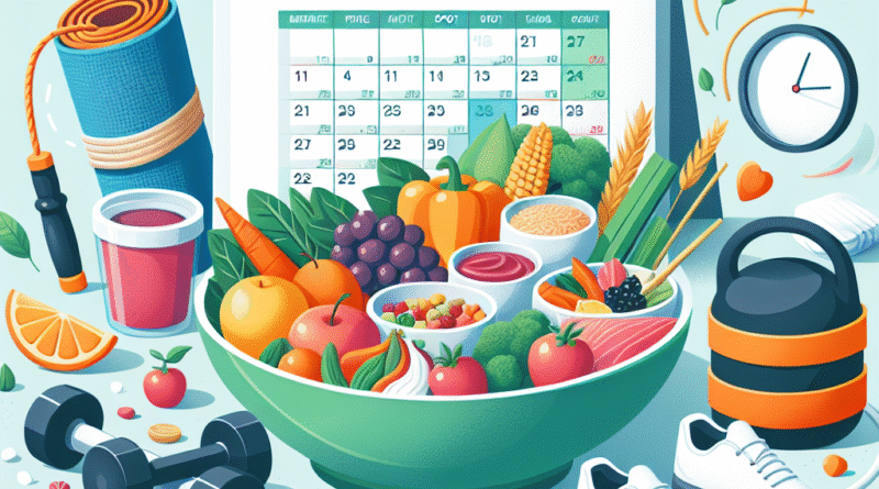 Illustrasjon av en balansert tallerken, treningsutstyr og en kalender som symboliserer varige vaner; lys, moderne stil