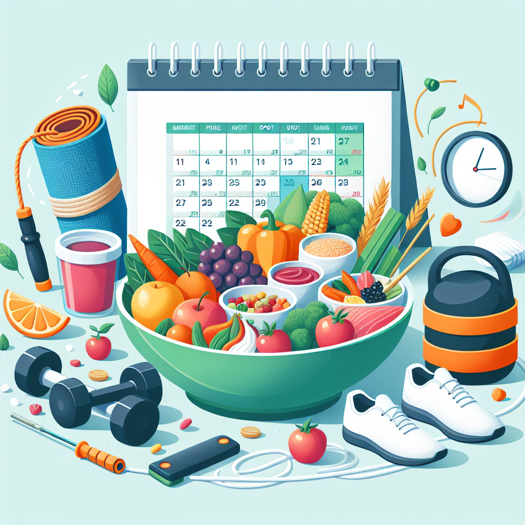 Illustrasjon av en balansert tallerken, treningsutstyr og en kalender som symboliserer varige vaner; lys, moderne stil
