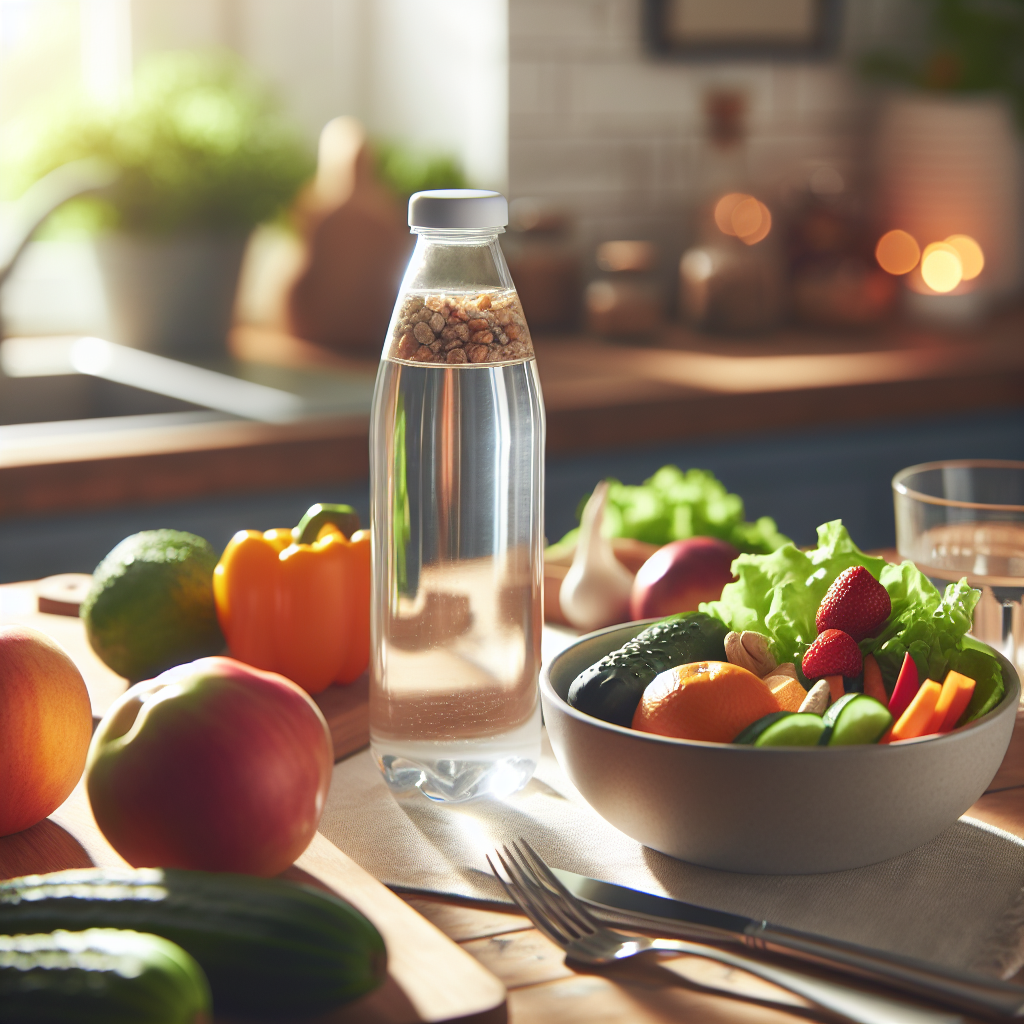 Nærbilde av en klar vannflaske på et kjøkkenbord ved siden av et måltid med grønnsaker og frukt, naturlig lys, frisk og moderne helseestetikk