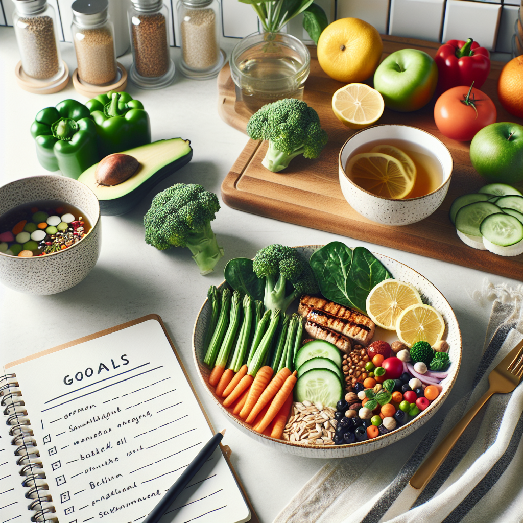 Personlig, moderne matplan: en variert tallerken med grønnsaker, fullkorn og protein, en notatbok med mål og en kopp te på et lyst kjøkken, nordisk stil
