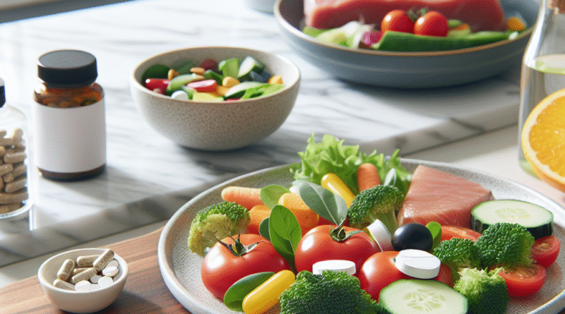 Nærbilde av vitaminpiller og en balansert tallerken med frukt, grønnsaker og magert protein på en lys kjøkkenbenk, naturlig lys, moderne helsetema