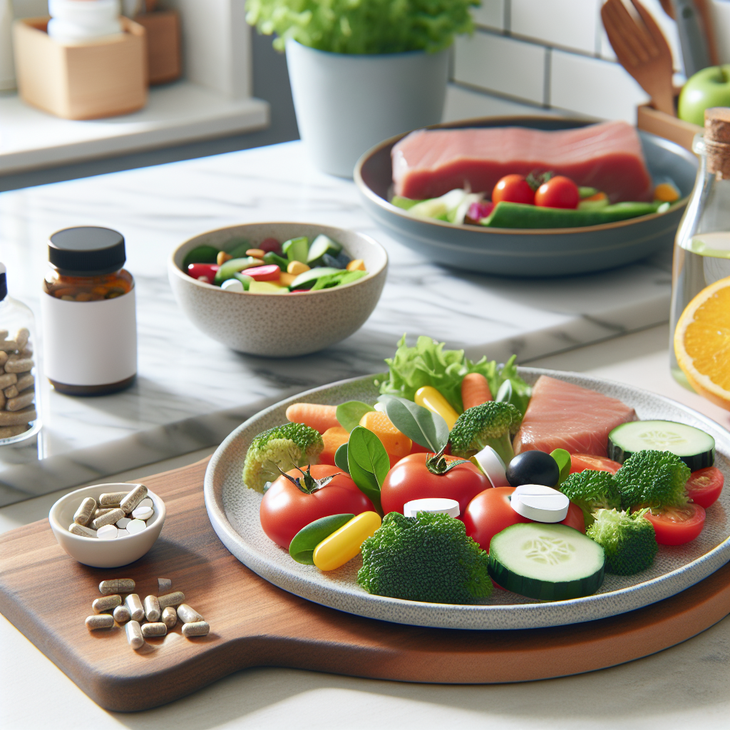Nærbilde av vitaminpiller og en balansert tallerken med frukt, grønnsaker og magert protein på en lys kjøkkenbenk, naturlig lys, moderne helsetema