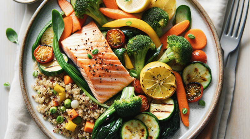 En fargerik, sunn middagstallerken med laks, ovnsbakte grønnsaker og quinoa på et lyst trebord, naturlig lys, moderne nordisk stil