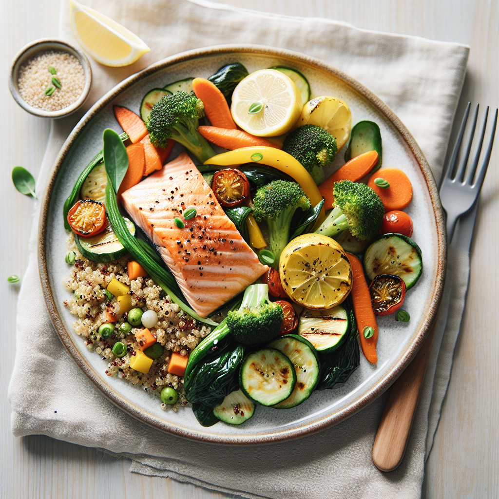 En fargerik, sunn middagstallerken med laks, ovnsbakte grønnsaker og quinoa på et lyst trebord, naturlig lys, moderne nordisk stil